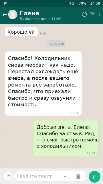Переписка в WhatsApp с клиентом Елена